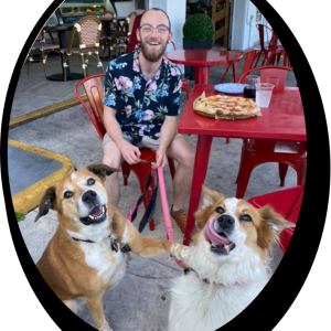 Man eating pizza with two dogs on a leash